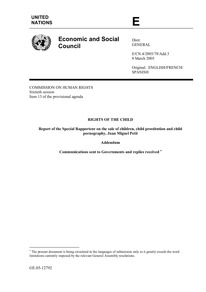 Report of the Special Rapporteur on the Sale of Children, Child Prostitution and Child Pornography, Juan Miguel Petit :